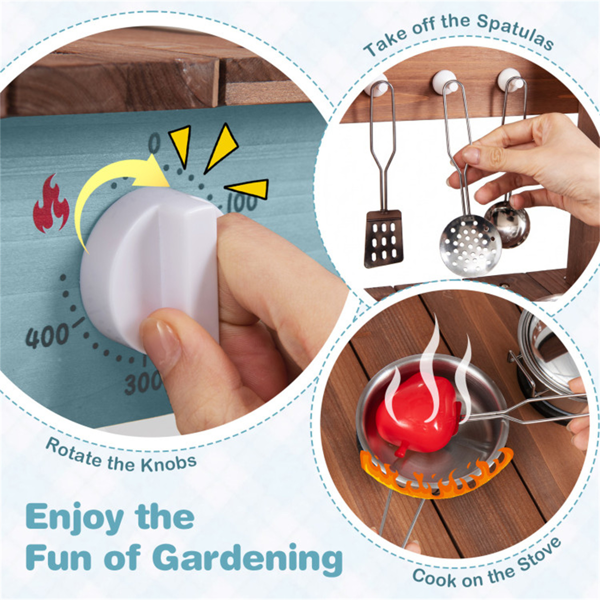 儿童木制泥厨房户外游戏套装，带自来水龙头，15件配件冷杉木假装烹饪和园艺感官玩具 - 蓝色-10