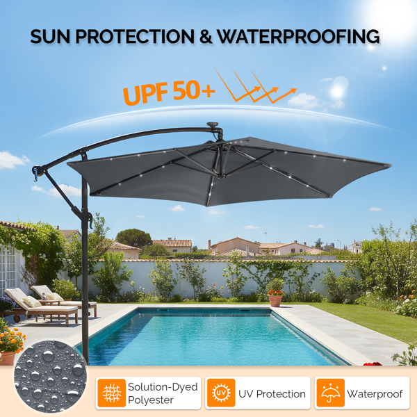 10FT  灰色 香蕉伞 圆形 太阳伞 涤纶布 6铁伞骨 铁直杆弯杆 带立柱脚筒 十字底座 带18灯珠-18