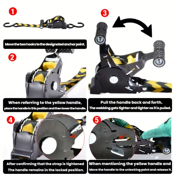 （正品）伸缩式棘轮绳（2条装）- 1英寸 X 119英寸（1155磅断裂强度）- 重型汽车自缩绳，适用于卡车、货运拖车、摩托车、电动车等-9