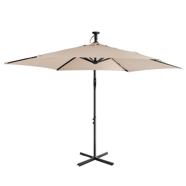 10FT 卡其色 香蕉伞 圆形 太阳伞 涤纶布 6铁伞骨 铁直杆弯杆 带立柱脚筒 十字底座 带18灯珠-5