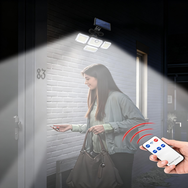 带运动传感器的太阳能户外灯，333颗LED广角灯珠，3种模式，270°照射角度，日光白光，遥控，防水壁灯，适用于车库、庭院，2026新款-3