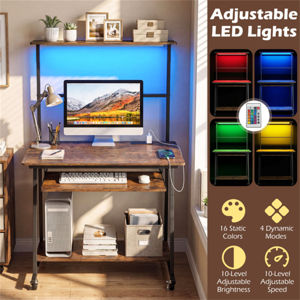 带RGB LED灯和内置充电站的移动式滚动电脑桌，带键盘托盘的多层存储工作站-11
