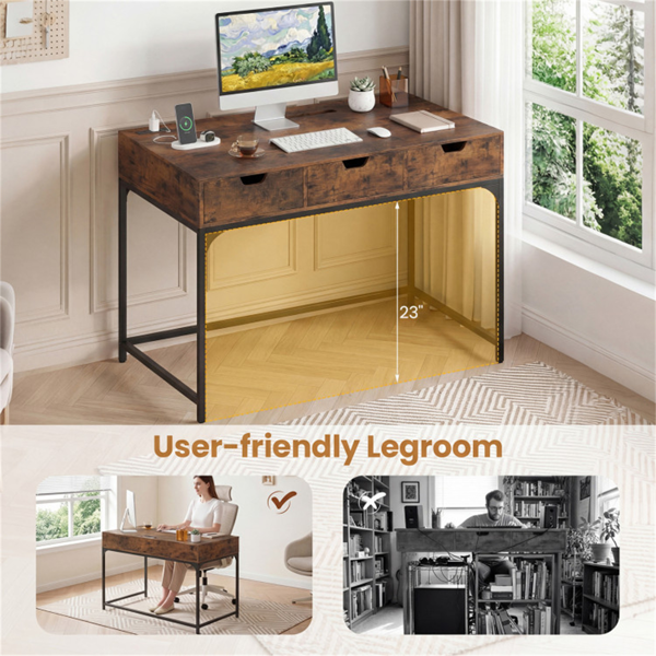 43.5英寸家庭办公桌，内置充电站和3个抽屉隐藏隔间 - 棕色-10