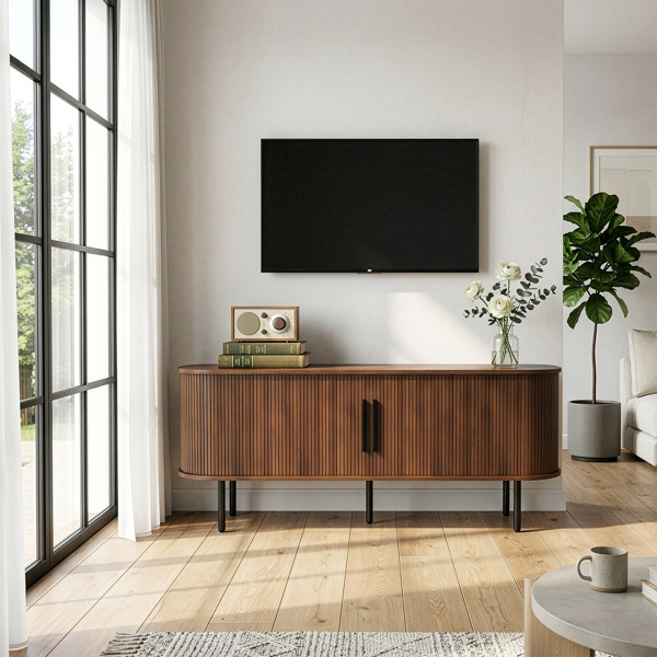 胡桃色 浮雕 刨花板 椭圆台面 147*35*58cm 推拉格栅门 电视柜-1