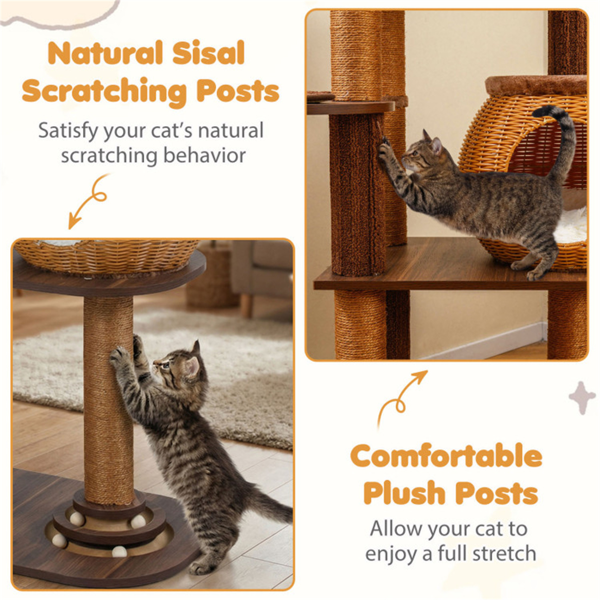 59.5英寸藤编猫树带猫公寓和顶层Perch多层猫塔-7