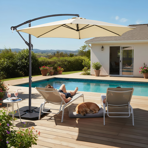 10FT 卡其色 香蕉伞 圆形  太阳伞 涤纶布 6铁伞骨 铁直杆弯杆 带立柱脚筒 十字底座-26