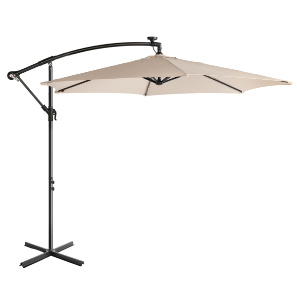 10FT 卡其色 香蕉伞 圆形 太阳伞 涤纶布 6铁伞骨 铁直杆弯杆 带立柱脚筒 十字底座 带18灯珠-4