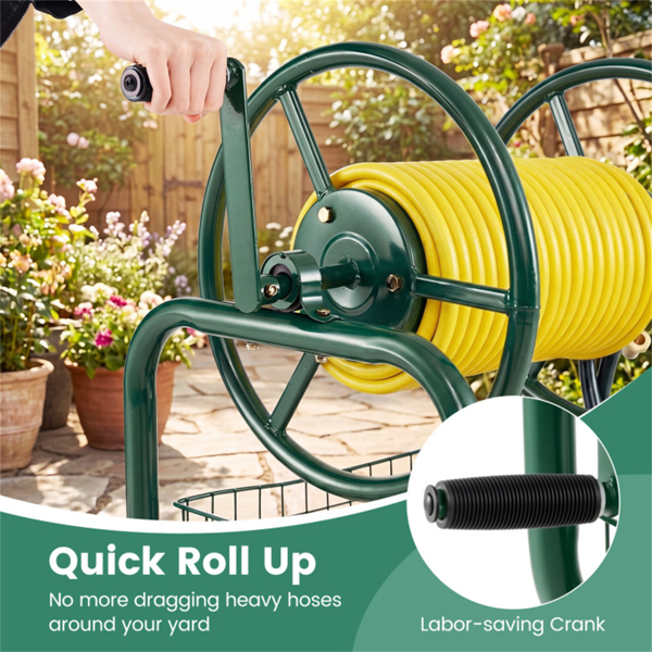重型花园软管卷盘车，带10英寸气动轮，大容量软管卷取机，带储物篮和黄铜配件 -  绿色-12