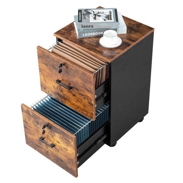 黑撞棕色 P2刨花板 贴三胺 二抽 木制文件柜 适用于Letter带标签文件-11