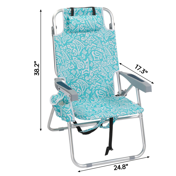 1pcs 座高15in 青色部落花纹 可平躺 铝沙滩椅 带头枕 双肩带 二合一布杯托侧袋 背部冰包 连体牛津布有横杆五档调节可平躺铝沙滩椅15"-1 63*109*102cm 120kg-4