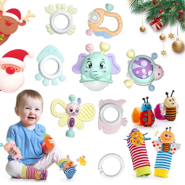婴儿摇铃与牙胶套装——0-6个月宝宝玩具，3-6个月出牙期玩具，触感柔软、声音轻柔、易抓握的感官玩具，中性新生儿礼物-5