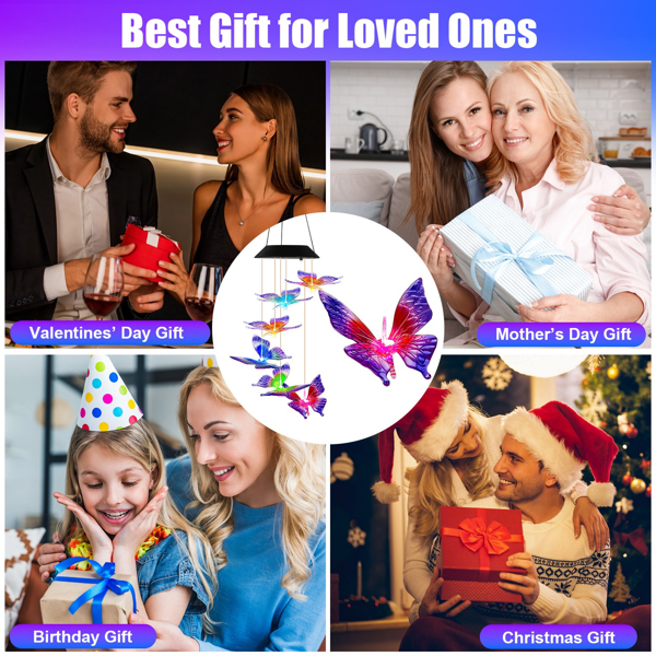 （自提可发加拿大，temu&tk下自提单）2件装户外太阳能风铃，太阳能蝴蝶风铃，变色LED风铃灯，IPX4级防水，适用于花园、露台和阳台的户外悬挂装饰-4