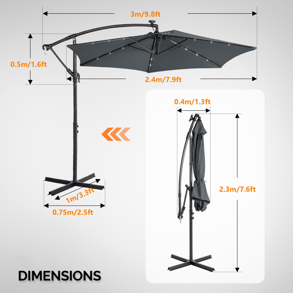 10FT  灰色 香蕉伞 圆形 太阳伞 涤纶布 6铁伞骨 铁直杆弯杆 带立柱脚筒 十字底座 带18灯珠-14