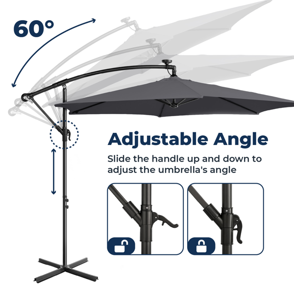 10FT  灰色 香蕉伞 圆形 太阳伞 涤纶布 6铁伞骨 铁直杆弯杆 带立柱脚筒 十字底座 带18灯珠-16