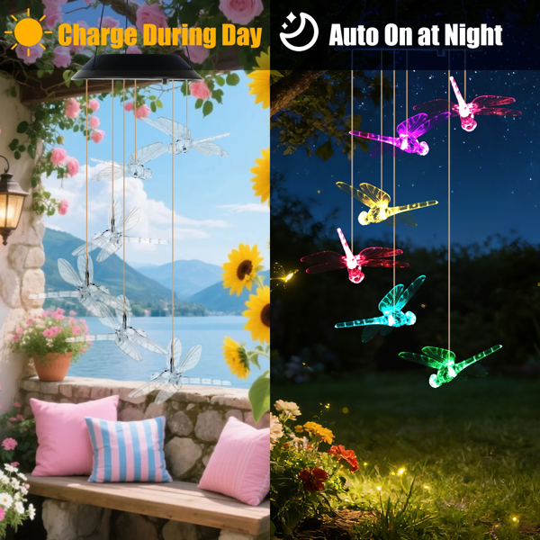 （自提可发加拿大，temu&tk下自提单）2件装太阳能蜻蜓风铃，变色LED风铃灯，IPX4级防水户外悬挂装饰，适用于花园、露台和庭院-5