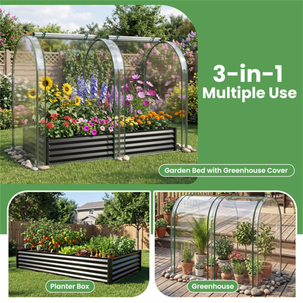 三合一高架花园床，带温室盖130加仑镀锌金属花盆箱 - 黑色-4