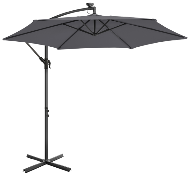 10FT  灰色 香蕉伞 圆形 太阳伞 涤纶布 6铁伞骨 铁直杆弯杆 带立柱脚筒 十字底座 带18灯珠-13