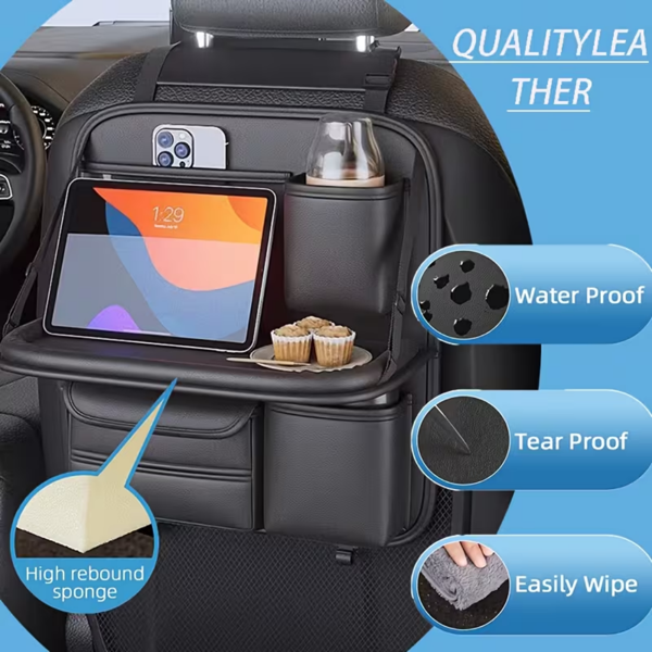 汽车后座收纳袋,带可折叠桌面托盘,带触摸屏手机支架的悬挂储物袋,优质 PU 皮革材料,与大多数车辆兼容,内部汽车配件-5