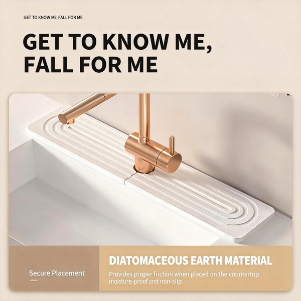 厨房水槽龙头垫 – 硅藻土吸水垫及水槽保护垫，防止潮湿 – 水槽防溅挡板吸水石托盘，适用于浴室台面-4