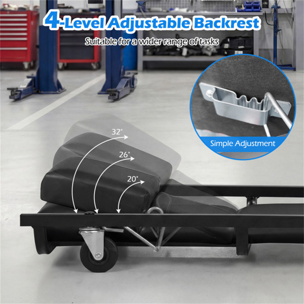 4级可调靠背机械滚动爬行器，重型6旋转脚轮车库维修车，带厚舒适垫-黑色-7