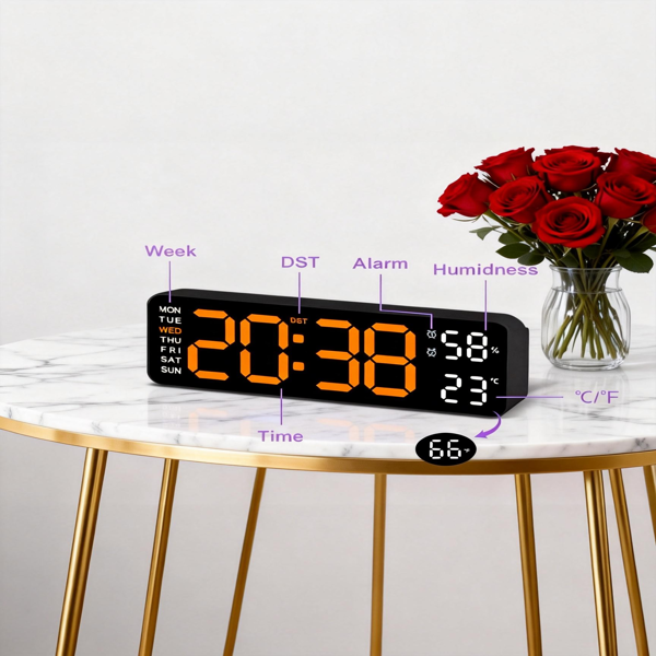 2026新款通用数字挂钟，大显示屏，LED灯，遥控器，倒计时，调光，夏令时，日期，星期，温度-2