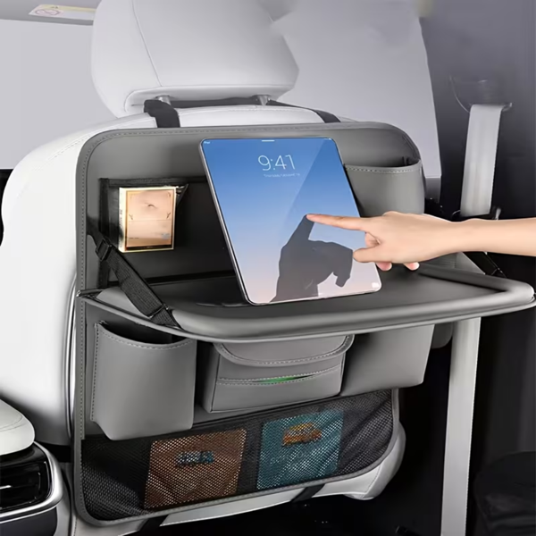汽车后座收纳袋,带可折叠桌面托盘,带触摸屏手机支架的悬挂储物袋,优质 PU 皮革材料,与大多数车辆兼容,内部汽车配件-1