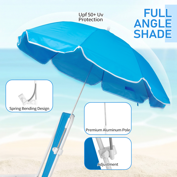 1pcs 座高15in XL  宝蓝色 铁沙滩椅 带伞 连体牛津布有横杆一档调节带伞弹簧铁沙滩椅15"-1 63*60*95cm 120kg-13