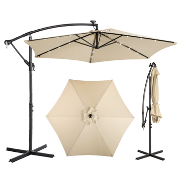 10FT 卡其色 香蕉伞 圆形 太阳伞 涤纶布 6铁伞骨 铁直杆弯杆 带立柱脚筒 十字底座 带18灯珠