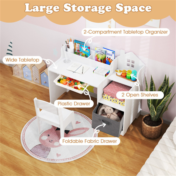 儿童桌椅套装，带储物抽屉，适用于游戏室卧室的房屋形书桌- 白色-6