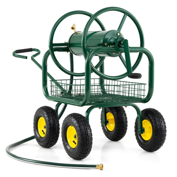 重型花园软管卷盘车，带10英寸气动轮，大容量软管卷取机，带储物篮和黄铜配件 -  绿色-6