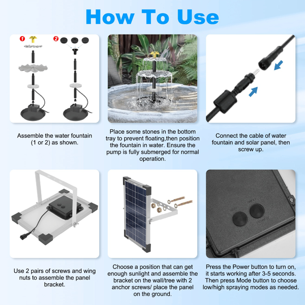 （自提可发加拿大，temu&tk下自提单）带电池备用功能的太阳能喷泉泵，配备6W太阳能电池板，IP68级防水，喷水高度可调，附9.84英尺长电缆，带LED照明的太阳能喷泉，适用于花园、露台和庭院-9