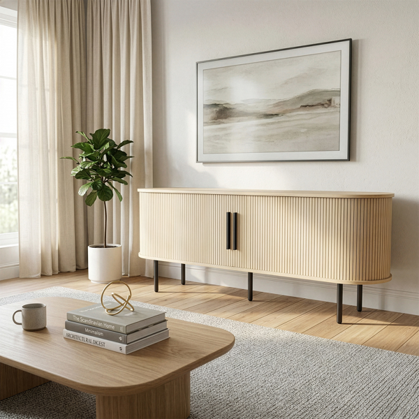 橡木色 浮雕 刨花板 椭圆台面 147*35*58cm 推拉格栅门 电视柜-3