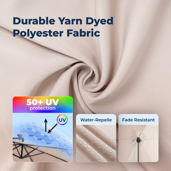 10FT 卡其色 香蕉伞 圆形 太阳伞 涤纶布 6铁伞骨 铁直杆弯杆 带立柱脚筒 十字底座 带18灯珠-22