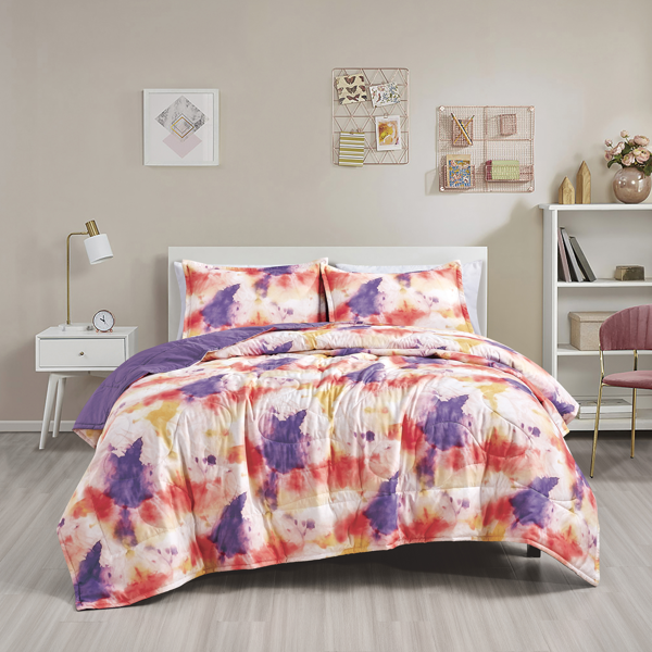 淡紫色抽象红色绗缝三件套床盖 特大号（King 尺寸）-1
