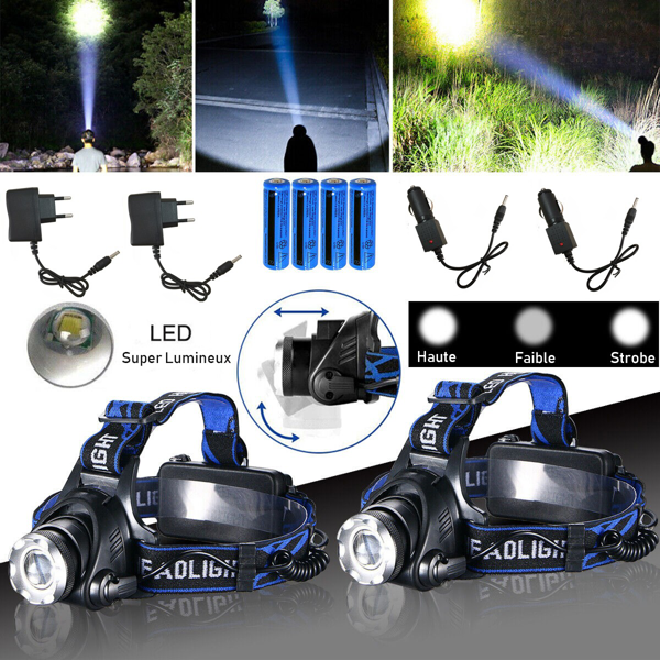 （2套）可充电LED头灯露营徒步旅行头灯工作灯+电池+充电器套装(各平台政策不同，链接已附相关资质，如无所需资质请勿上架)-1