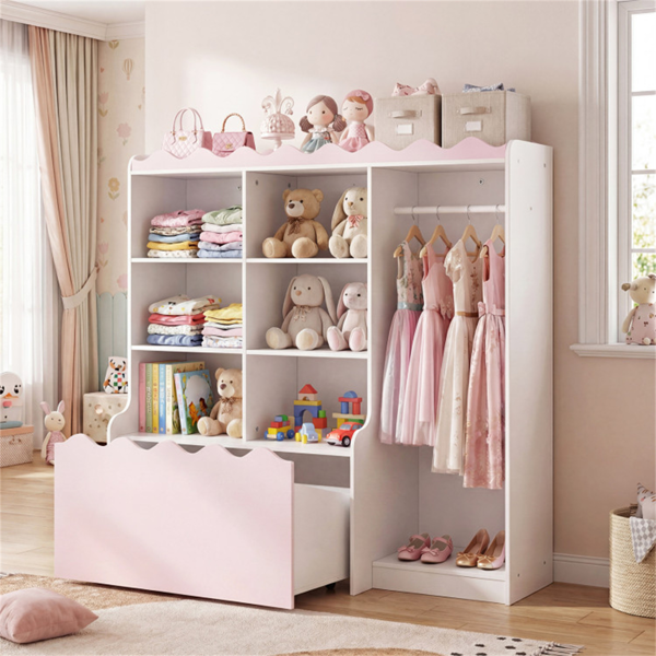 带储物柜和滚动抽屉的儿童衣架多功能儿童衣柜收纳器-9