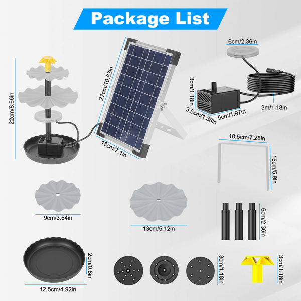 （自提可发加拿大，temu&tk下自提单）带电池备用功能的太阳能喷泉泵，配备6W太阳能电池板，IP68级防水，喷水高度可调，附9.84英尺长电缆，带LED照明的太阳能喷泉，适用于花园、露台和庭院-8