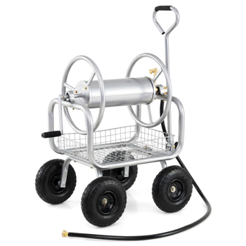 重型花园软管卷盘车，带10英寸气动轮，大容量软管卷取机，带储物篮和黄铜配件 -  银色