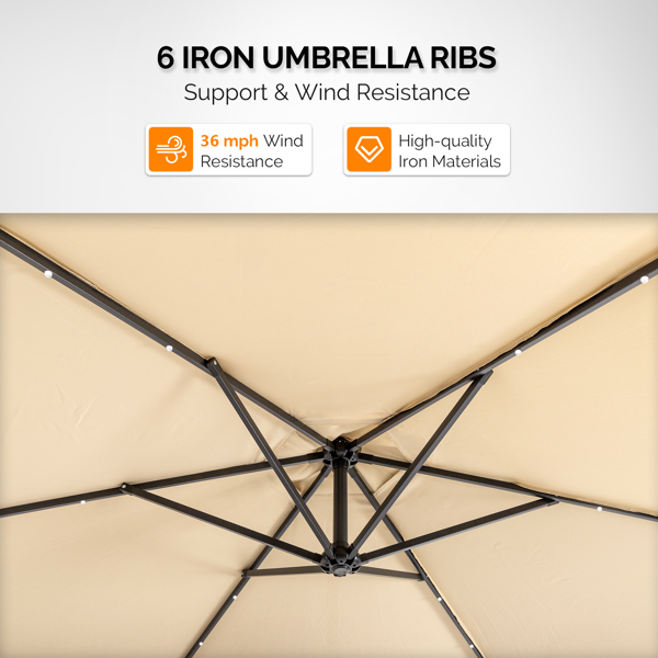 10FT 卡其色 香蕉伞 圆形 太阳伞 涤纶布 6铁伞骨 铁直杆弯杆 带立柱脚筒 十字底座 带18灯珠-20
