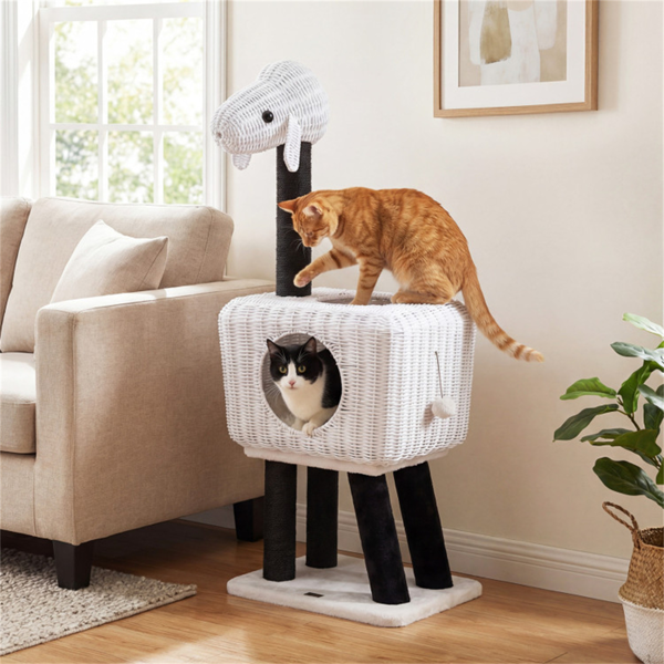 14×18.5×43" Lamb-Shaped Cat Tree with Rattan Condo & Sisal Scratching Posts Indoor Cat Tower-1