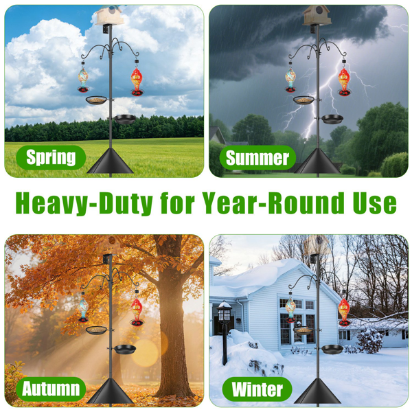 （自提可发加拿大，temu&tk下自提单）带松鼠防护装置的喂鸟架，五爪底座重型喂鸟架，32“-94” 可调节高度喂鸟站，配有4个牧羊钩，适用于户外花园庭院-6