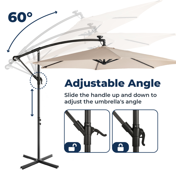 10FT 卡其色 香蕉伞 圆形 太阳伞 涤纶布 6铁伞骨 铁直杆弯杆 带立柱脚筒 十字底座 带18灯珠-14