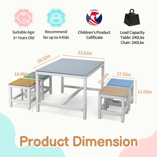 5pcs 1pc桌子+4pcs凳子 29.5in 蓝卡其浅橙蓝绿拼色 儿童庭院桌椅套装 杨木-2