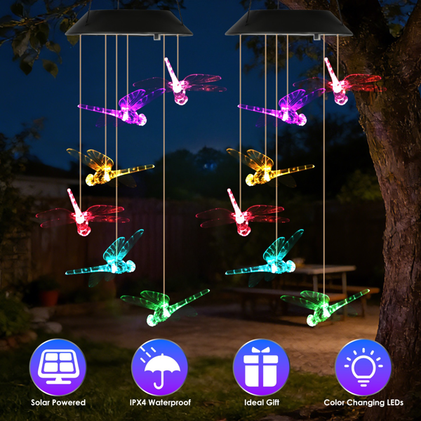 （自提可发加拿大，temu&tk下自提单）2件装太阳能蜻蜓风铃，变色LED风铃灯，IPX4级防水户外悬挂装饰，适用于花园、露台和庭院-1