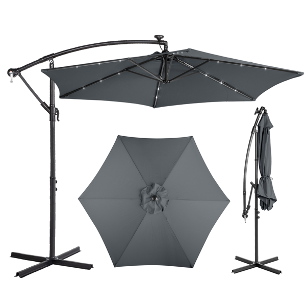 10FT  灰色 香蕉伞 圆形 太阳伞 涤纶布 6铁伞骨 铁直杆弯杆 带立柱脚筒 十字底座 带18灯珠-1