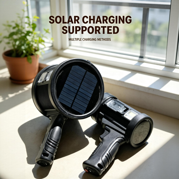 可充电聚光灯，超亮聚光手电筒，长续航聚光探照灯，户外手持LED手电筒，高流明，带太阳能电池板，适用于狩猎、露营、划船等活动。-7