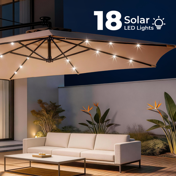 10FT 卡其色 香蕉伞 圆形 太阳伞 涤纶布 6铁伞骨 铁直杆弯杆 带立柱脚筒 十字底座 带18灯珠-26