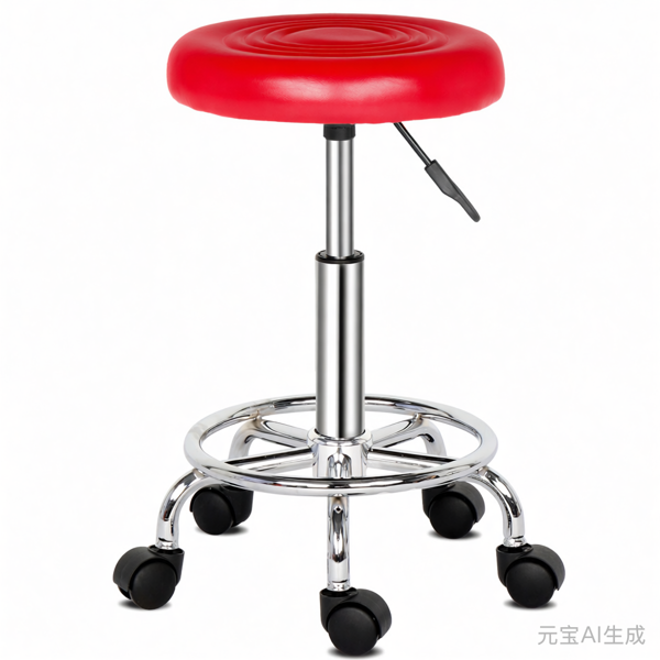半PU皮 SGS认证气杠 尼龙轮 150kg 红色 技师凳 圆形坐垫 哈哈脚-2