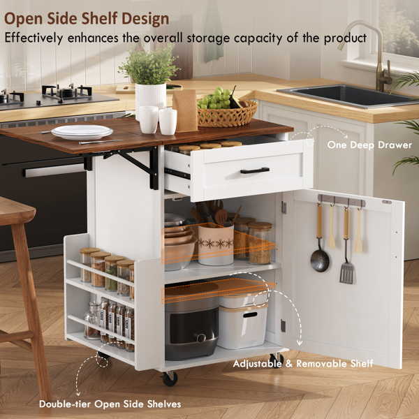 39.3英寸乡村风厨房岛台（带折叠延伸板）——厨房收纳岛车，配有侧边开放式置物架、抽屉、毛巾架及带锁滚轮；适用于厨房、庭院及花园，白色-14