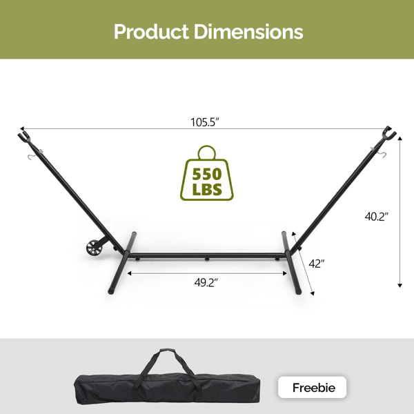 268*107*102CM 带轮羊角架 吊床架 钢管 440lb 配600D牛津布收纳袋-5